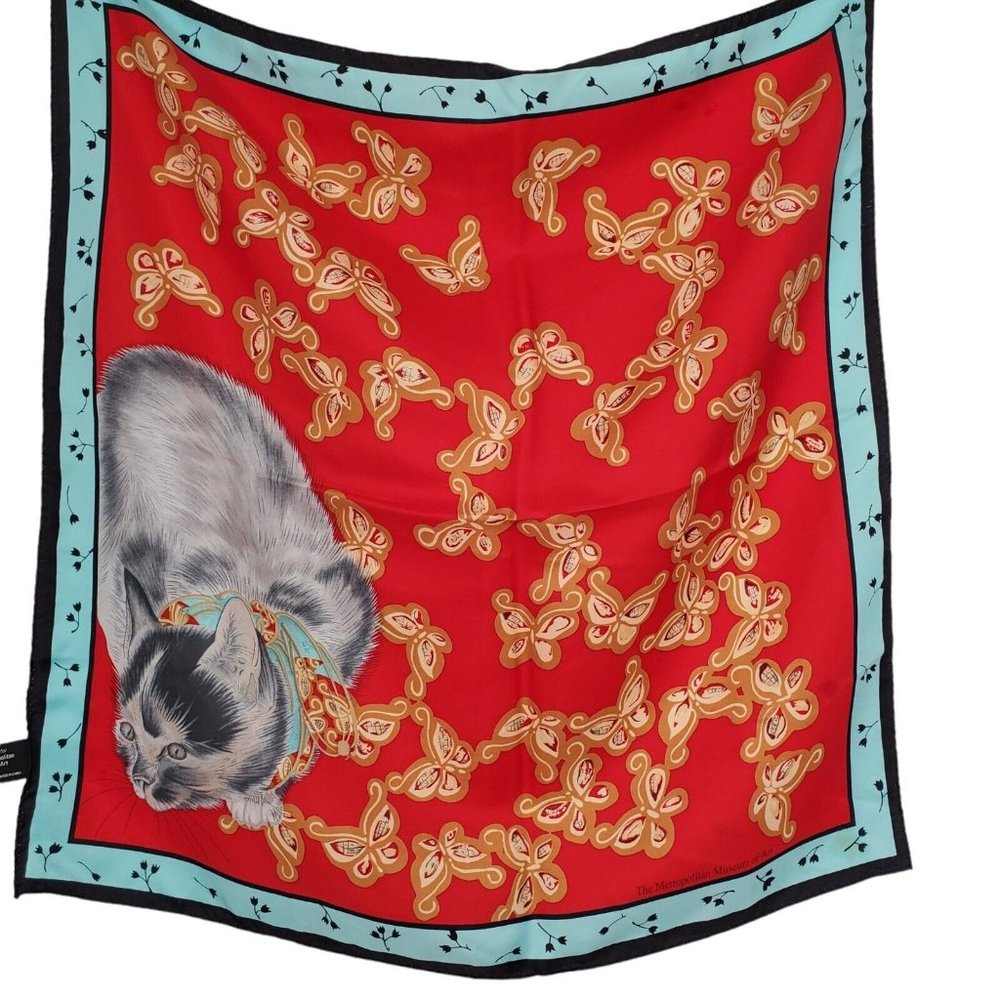 Metropolitan Museum Of Art Silk Scarf Red Blue Cat Print 21" Square